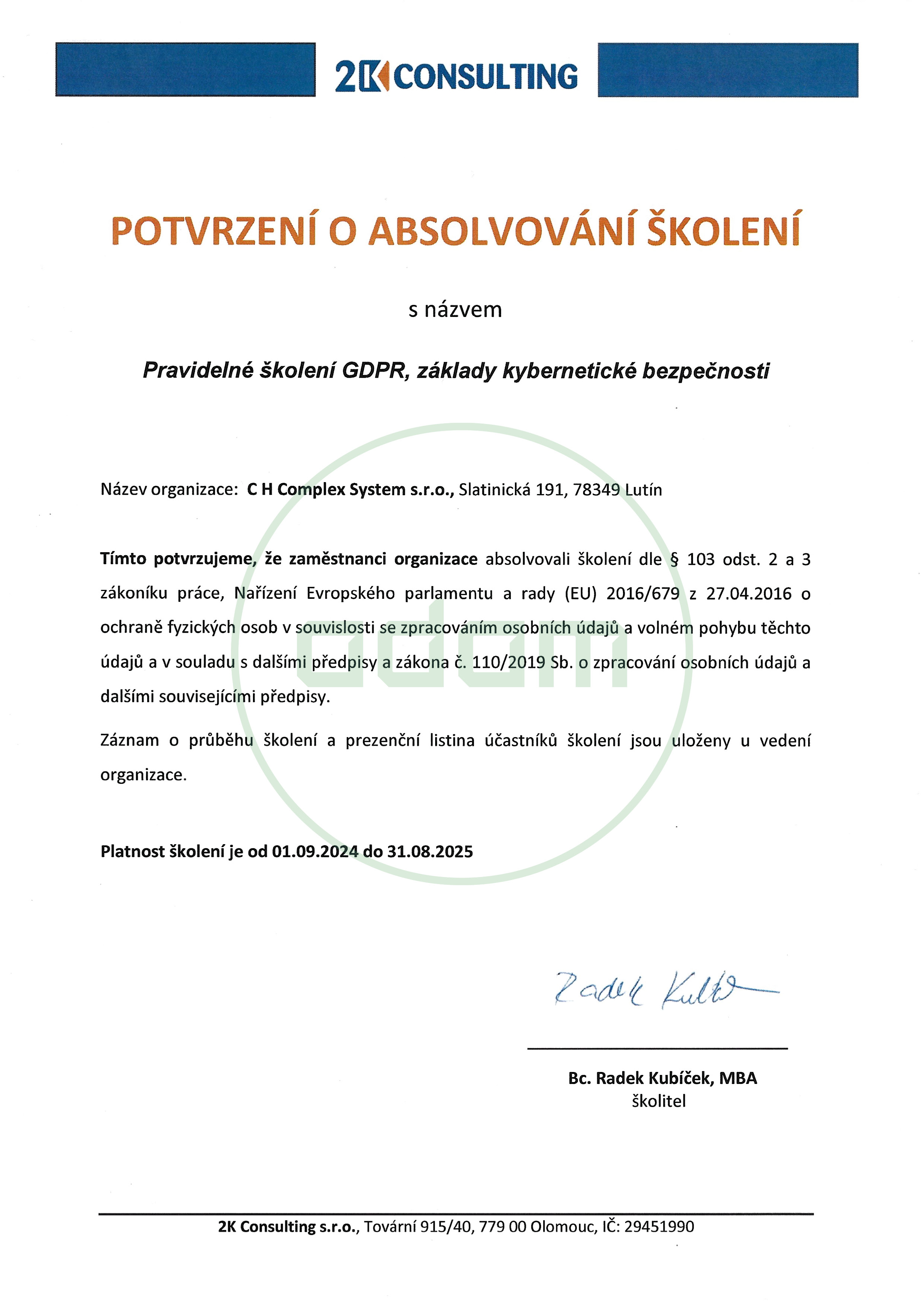 Potvrzení o absolvování školení Adam